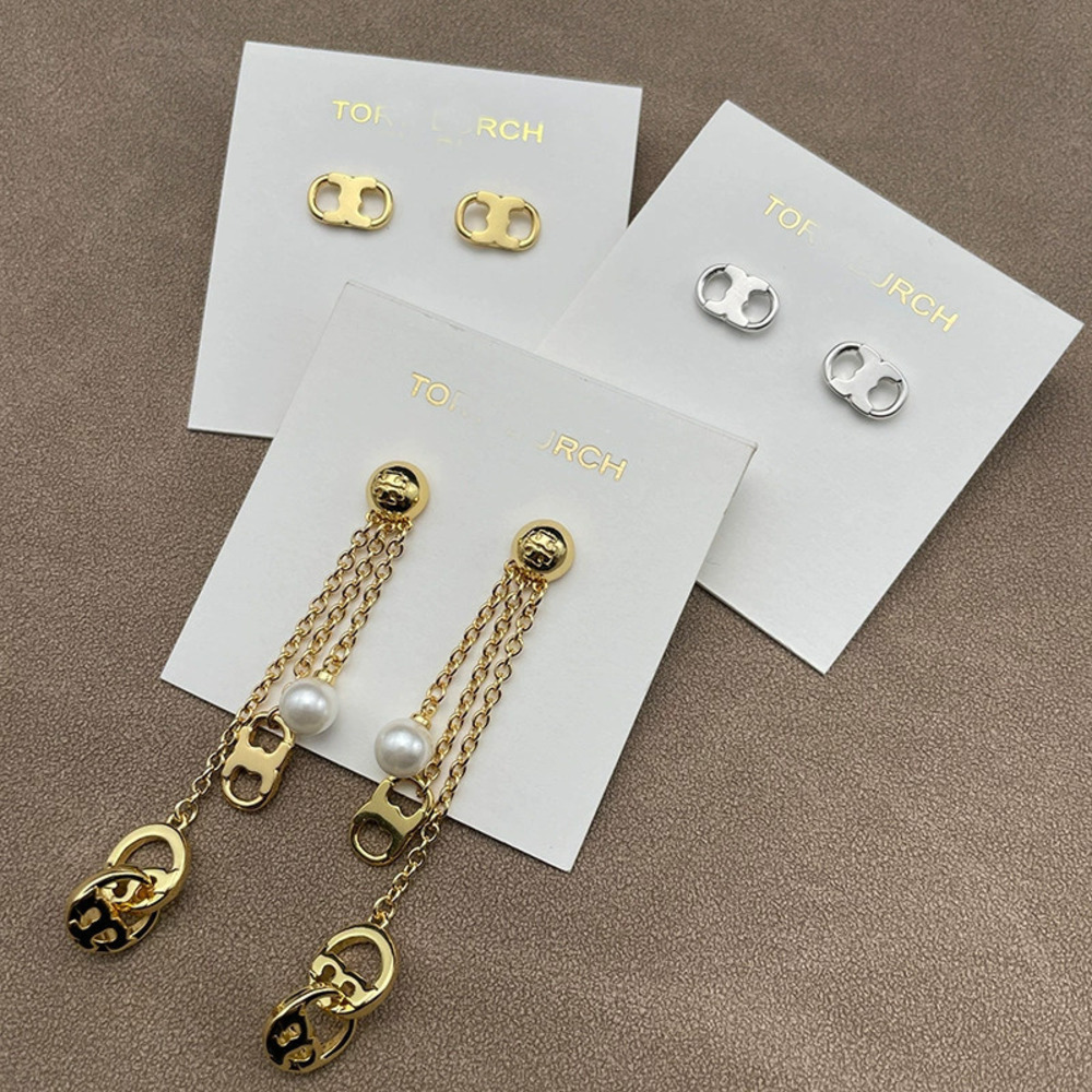 Tory Burch Gold Plated Double Pig Nose Stud Letter Tassel Drop Earrings